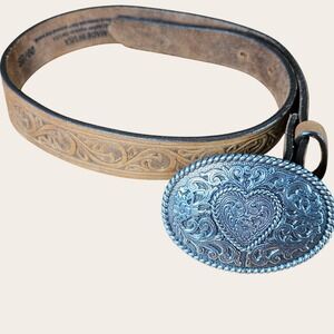 Justin Western Concho Belt Floral Tooled Leather 24" USA Silver Tone Buckle